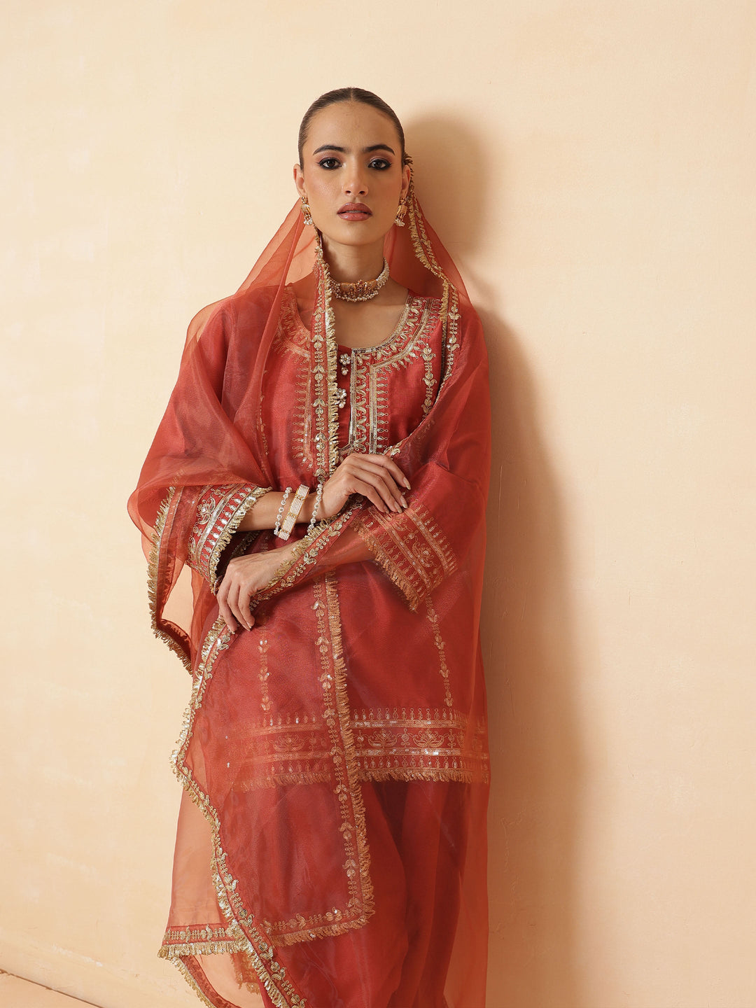 Women Rust Embroidered Short Kurta With Farshi Salwar &amp; Dupatta