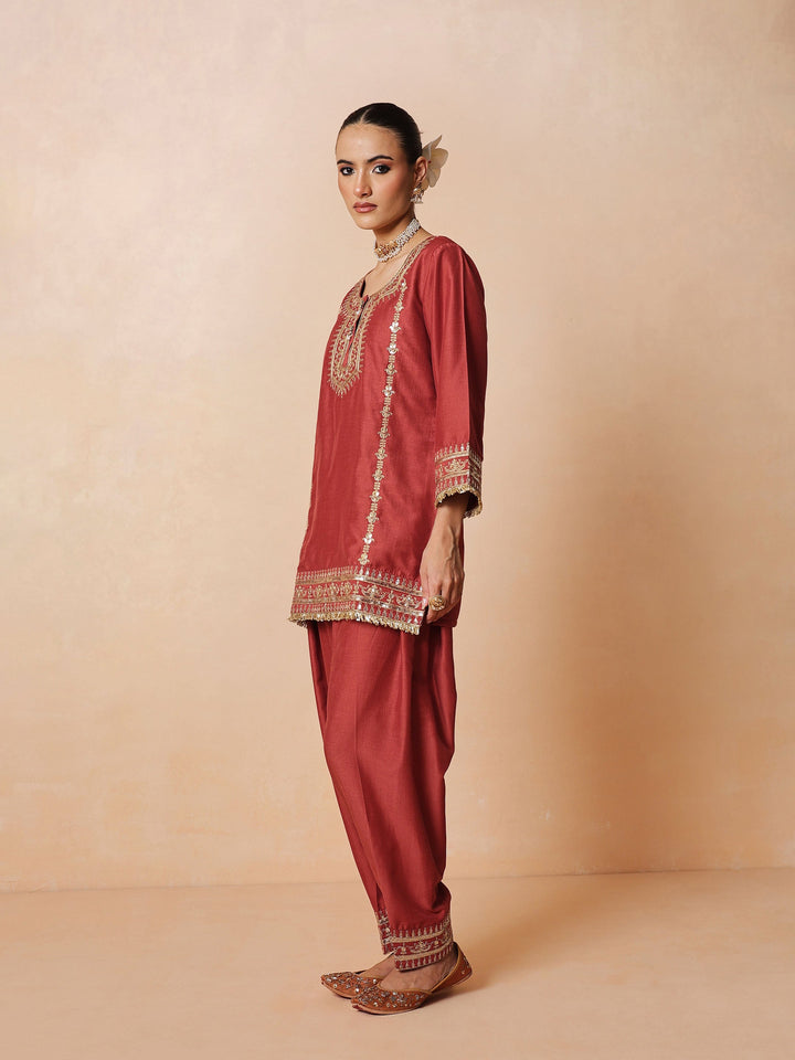 Women Rust Embroidered Short Kurta With Farshi Salwar &amp; Dupatta