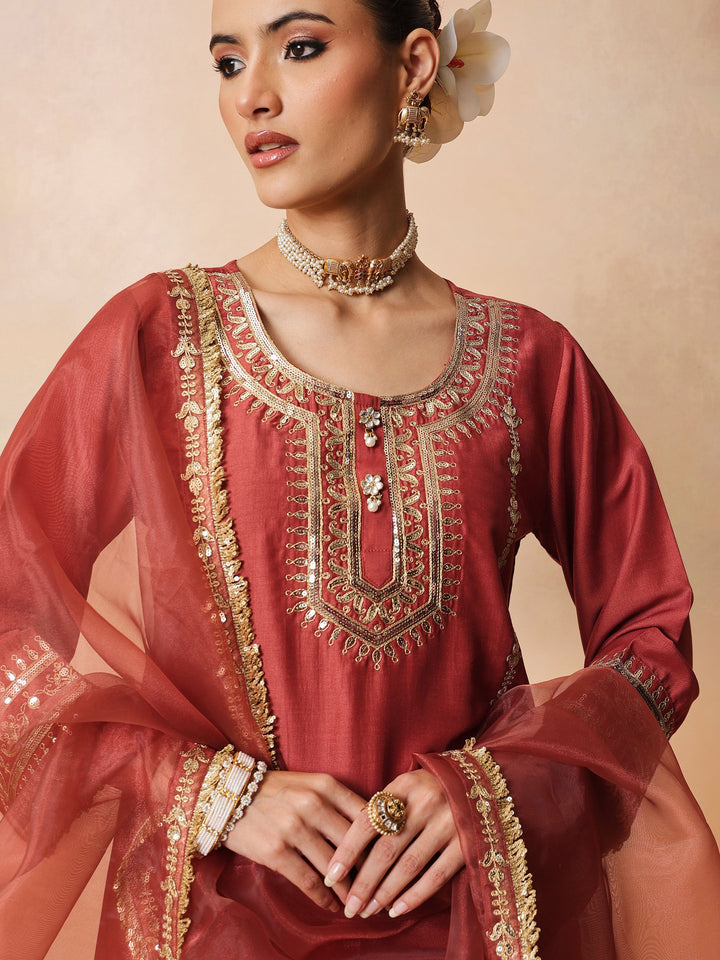 Women Rust Embroidered Short Kurta With Farshi Salwar &amp; Dupatta