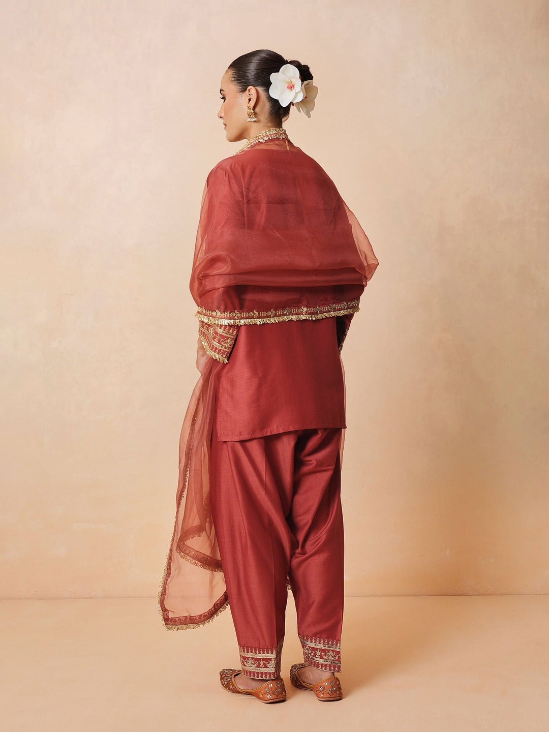 Women Rust Embroidered Short Kurta With Farshi Salwar &amp; Dupatta