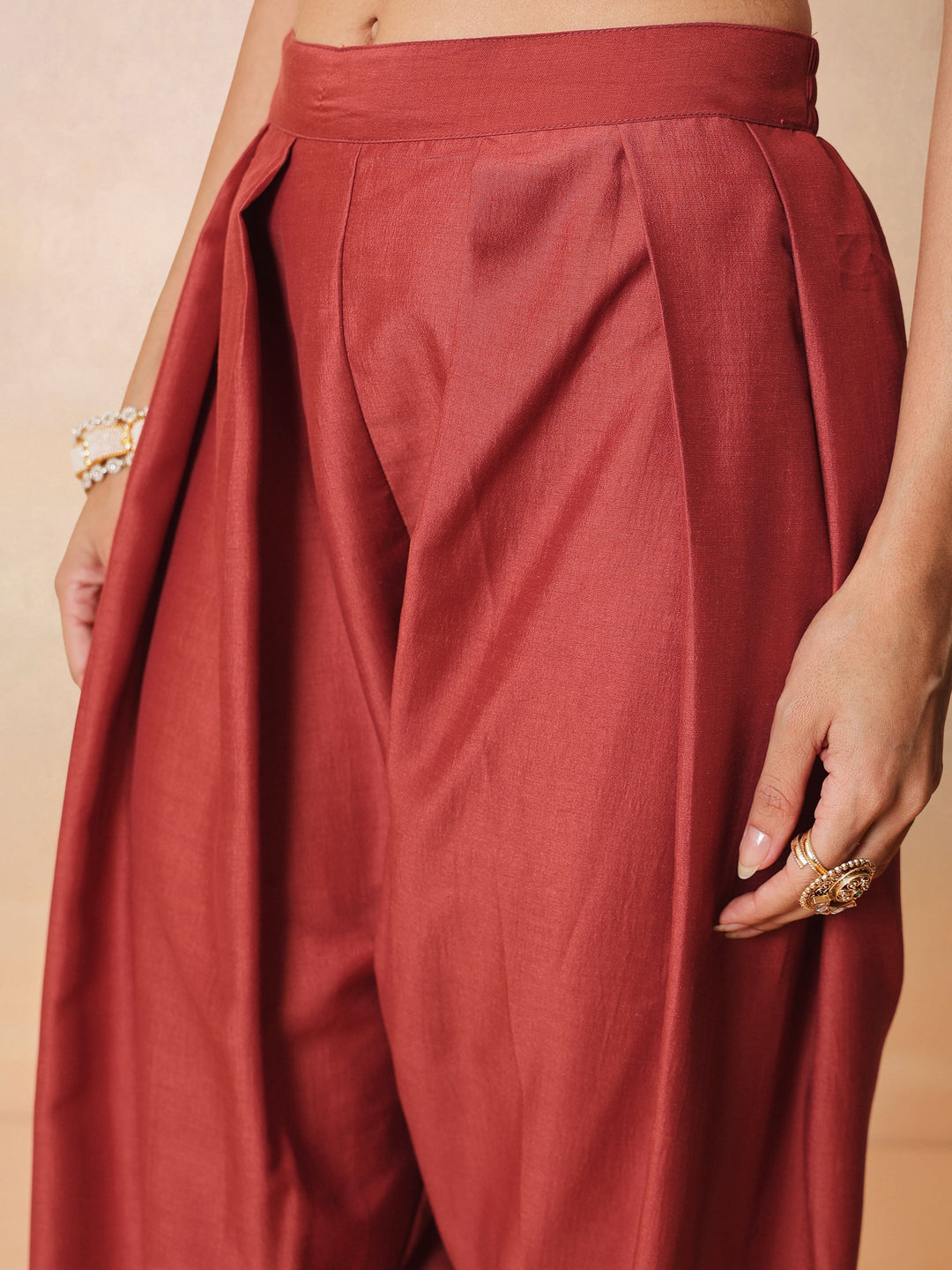 Women Rust Embroidered Short Kurta With Farshi Salwar &amp; Dupatta