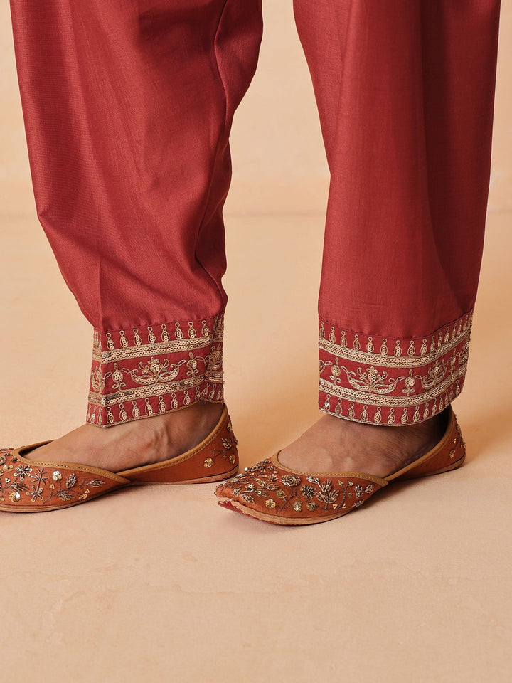 Women Rust Embroidered Short Kurta With Farshi Salwar &amp; Dupatta