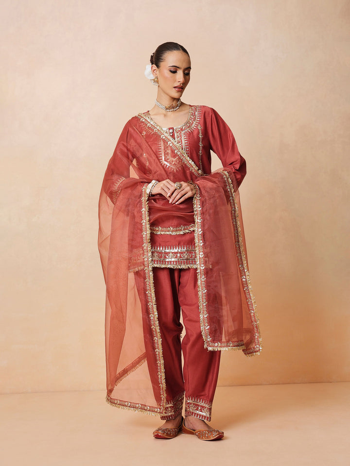 Women Rust Embroidered Short Kurta With Farshi Salwar &amp; Dupatta