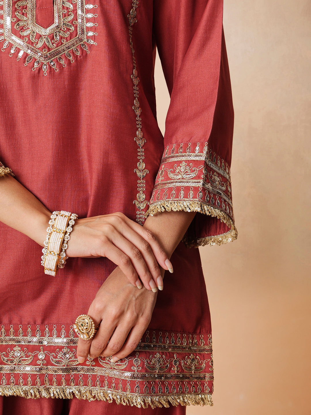 Women Rust Embroidered Short Kurta With Farshi Salwar &amp; Dupatta