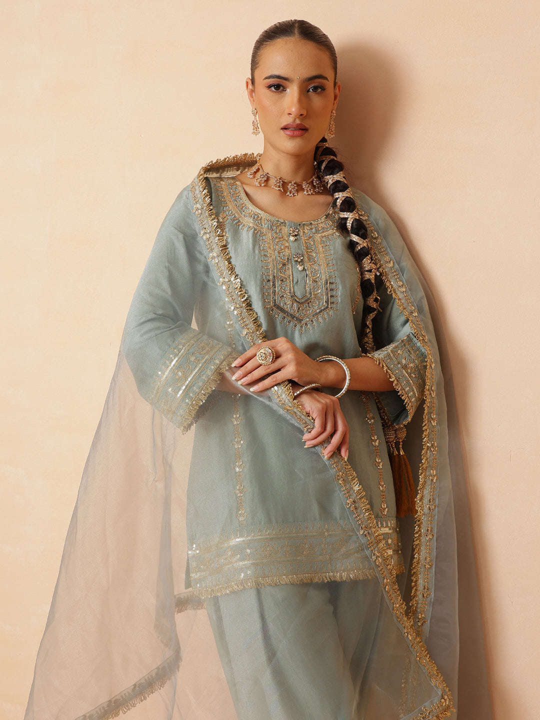 Women Pista Green Embroidered Short Kurta With Farshi Salwar &amp; Dupatta