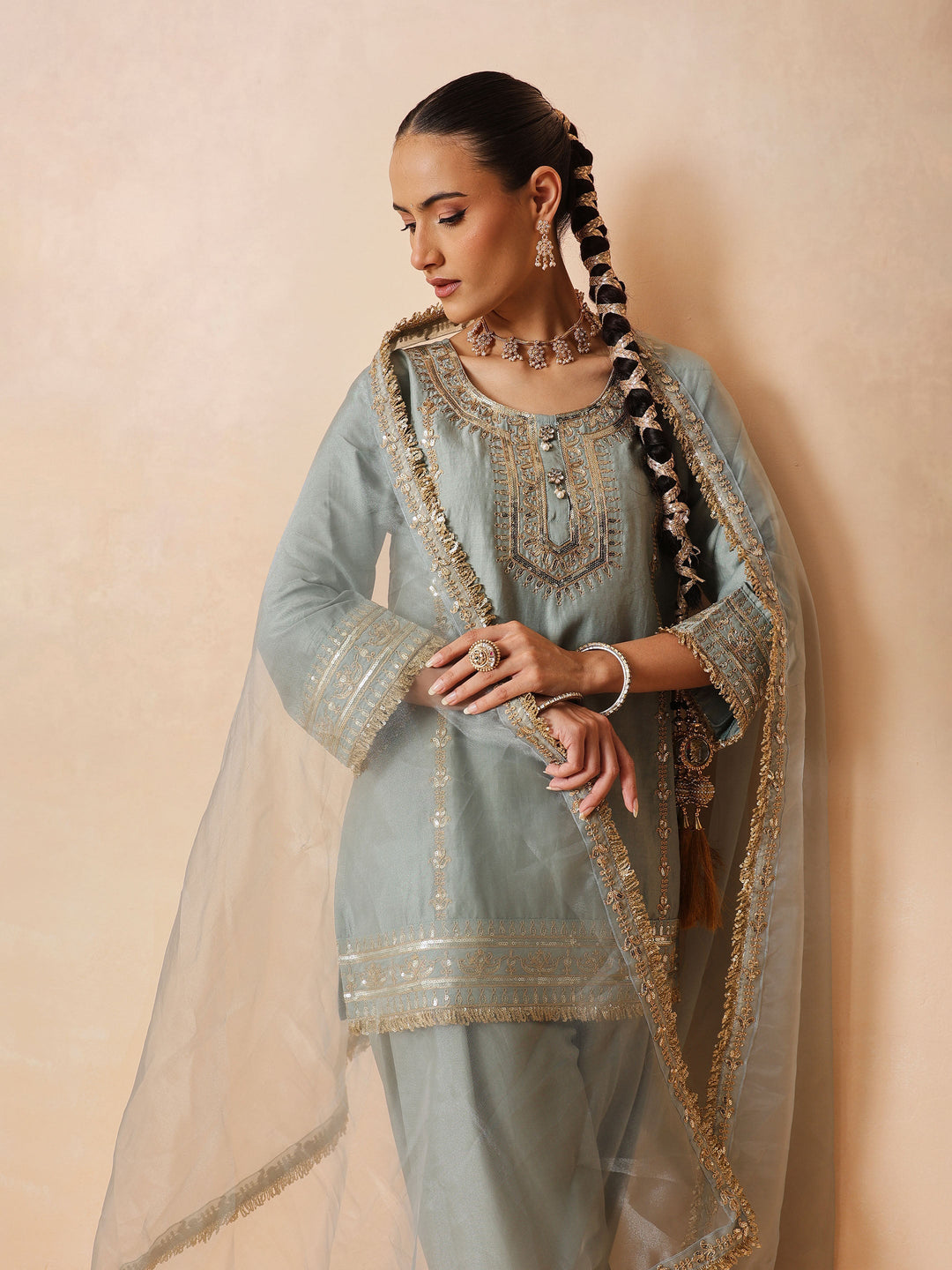 Women Pista Green Embroidered Short Kurta With Farshi Salwar &amp; Dupatta