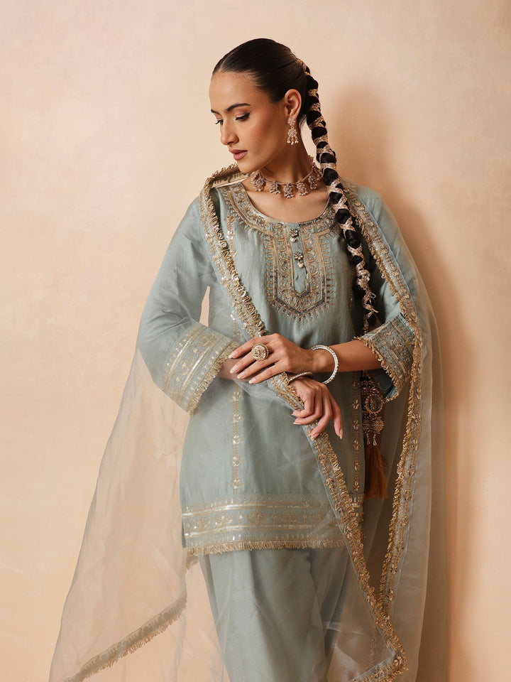 Women Pista Green Embroidered Short Kurta With Farshi Salwar &amp; Dupatta