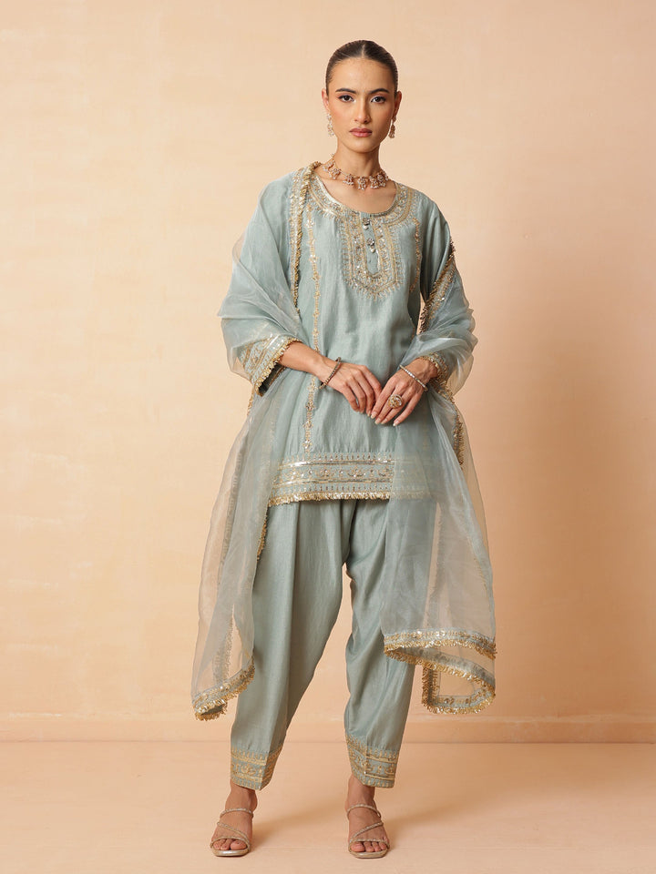 Women Pista Green Embroidered Short Kurta With Farshi Salwar &amp; Dupatta