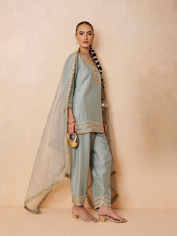 Women Pista Green Embroidered Short Kurta With Farshi Salwar &amp; Dupatta