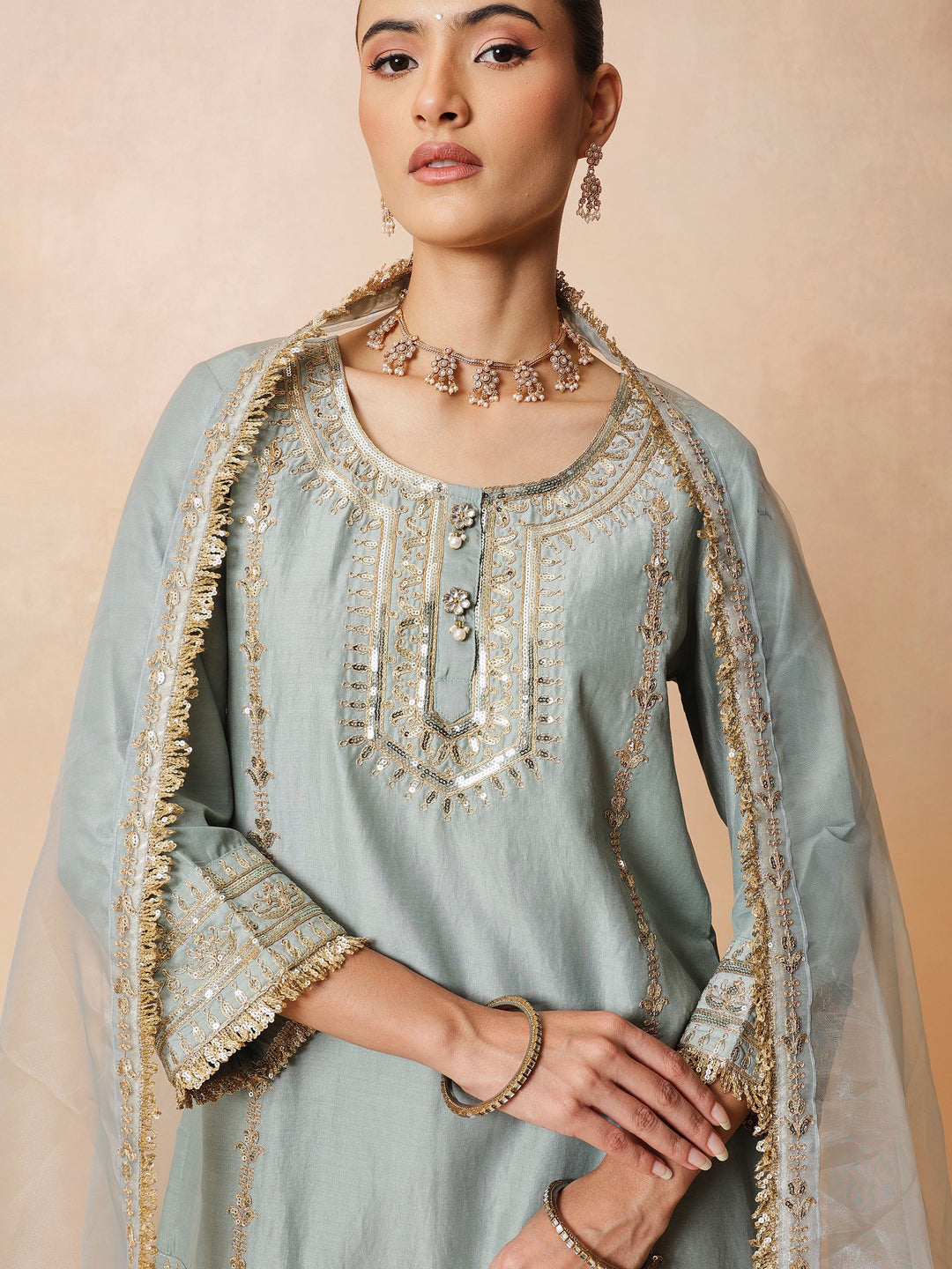 Women Pista Green Embroidered Short Kurta With Farshi Salwar &amp; Dupatta