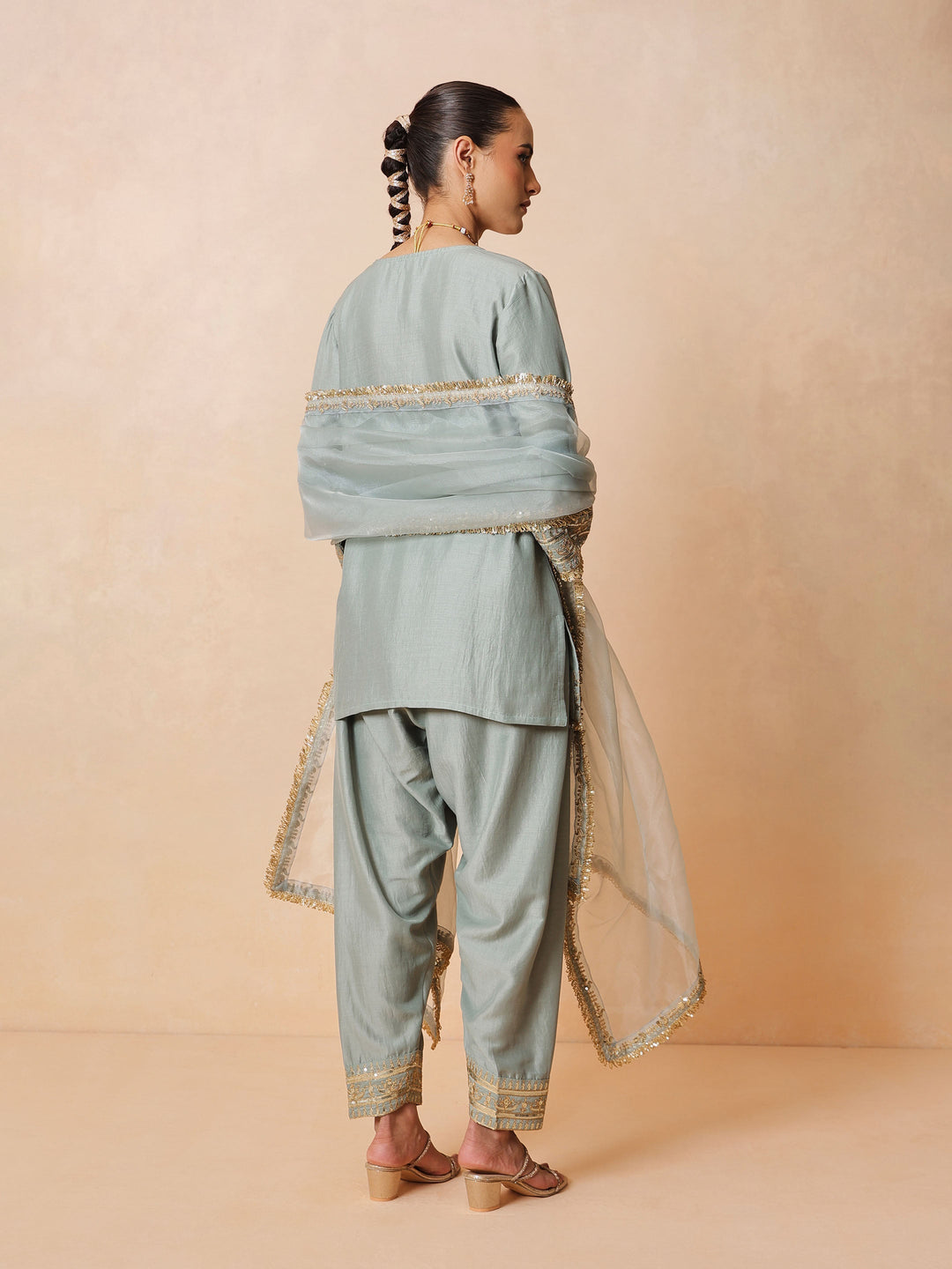 Women Pista Green Embroidered Short Kurta With Farshi Salwar &amp; Dupatta