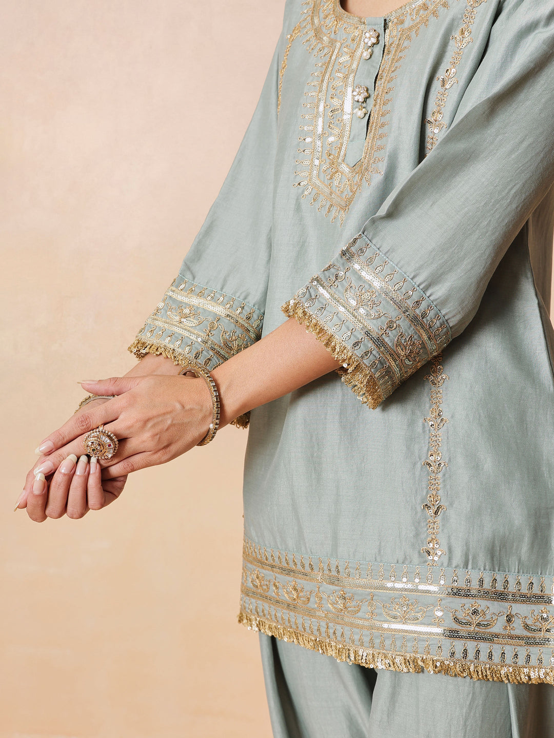 Women Pista Green Embroidered Short Kurta With Farshi Salwar &amp; Dupatta
