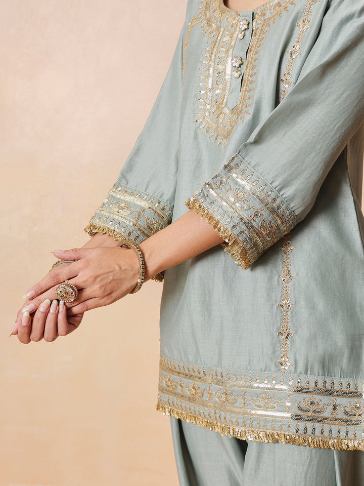 Women Pista Green Embroidered Short Kurta With Farshi Salwar &amp; Dupatta