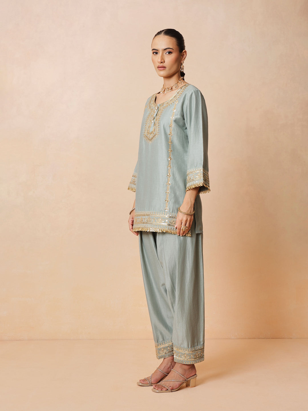 Women Pista Green Embroidered Short Kurta With Farshi Salwar &amp; Dupatta