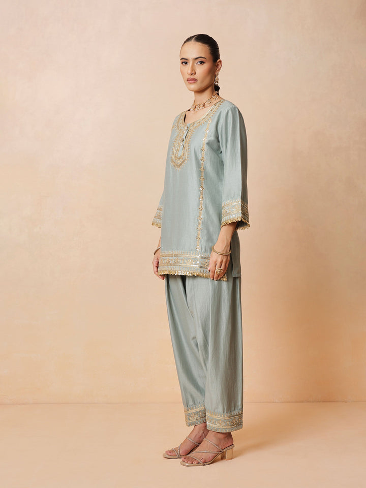 Women Pista Green Embroidered Short Kurta With Farshi Salwar &amp; Dupatta