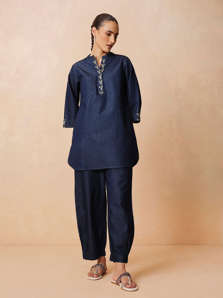 Navy Embroidered Short Kurta With Straight Pants