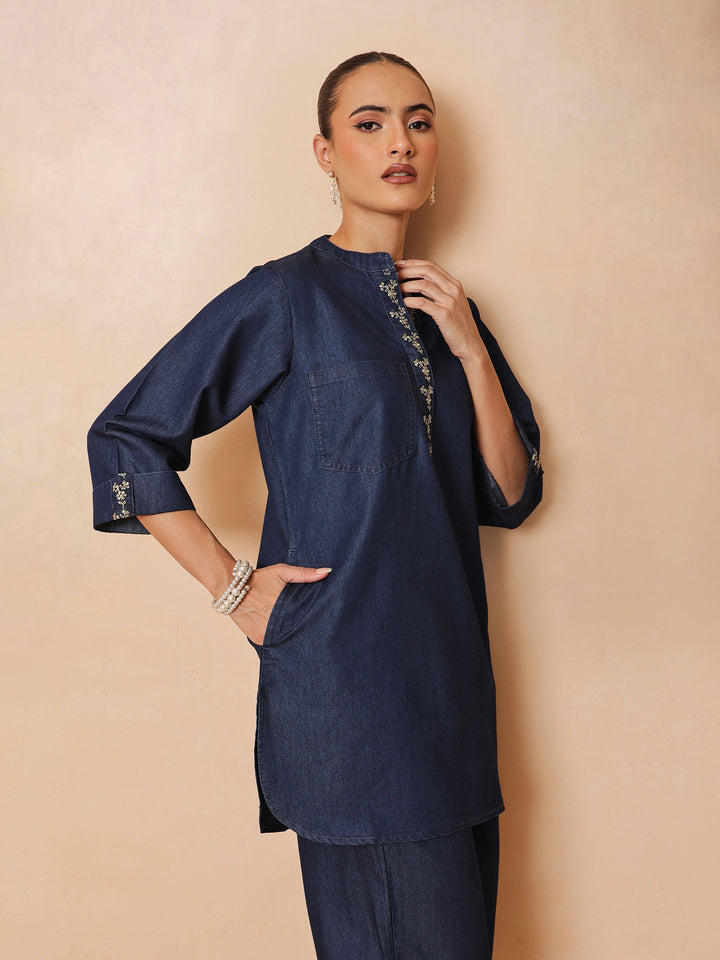 Navy Embroidered Short Kurta With Straight Pants