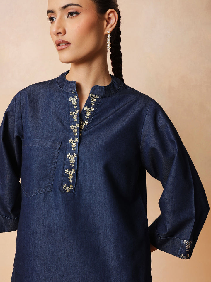 Navy Embroidered Short Kurta With Straight Pants