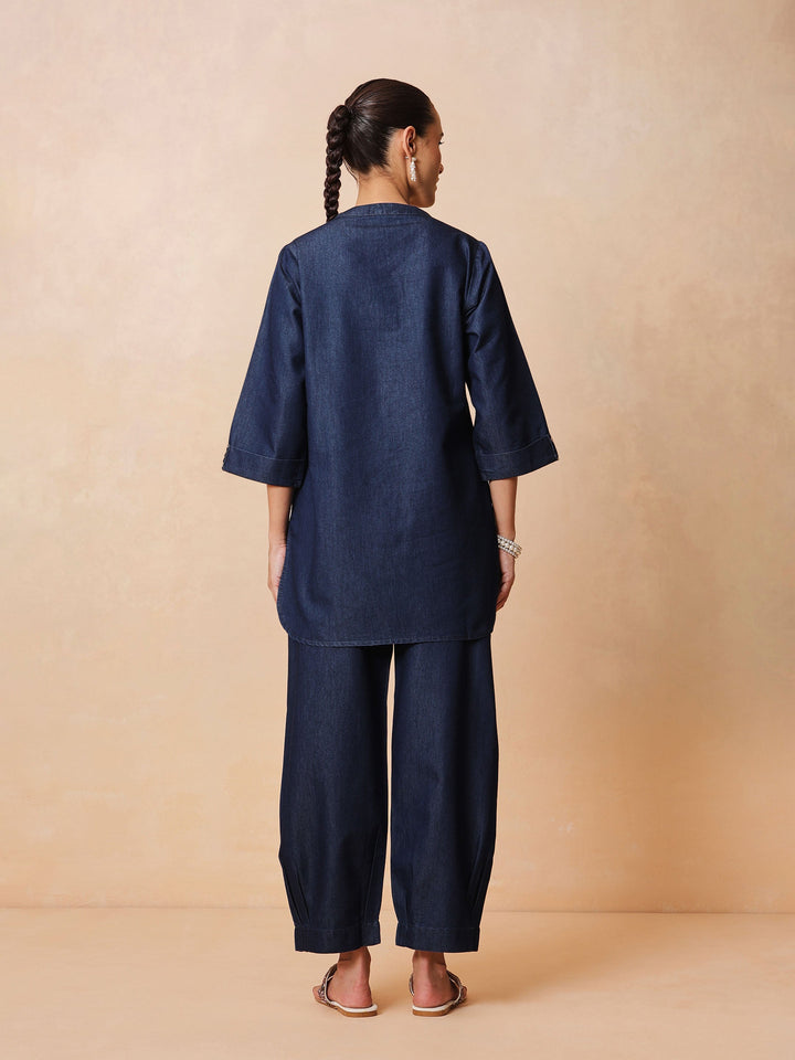 Navy Embroidered Short Kurta With Straight Pants