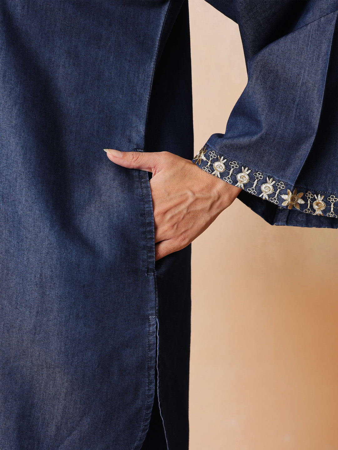 Navy Glass Neck Embroidered Short Kurta With Straight Pants