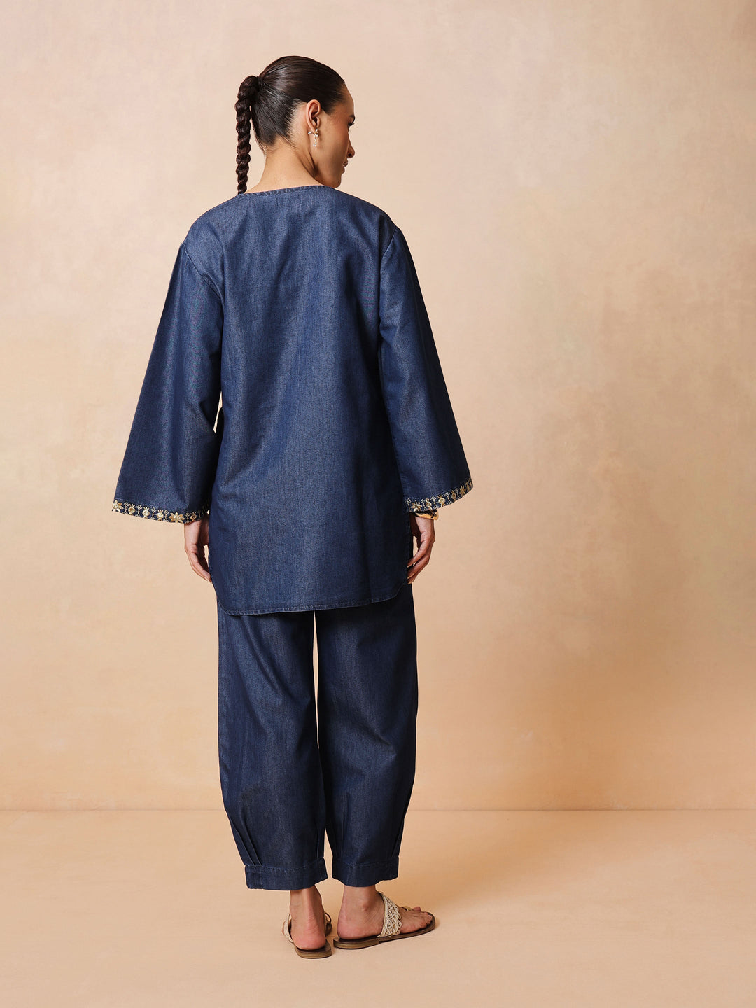 Navy Glass Neck Embroidered Short Kurta With Straight Pants
