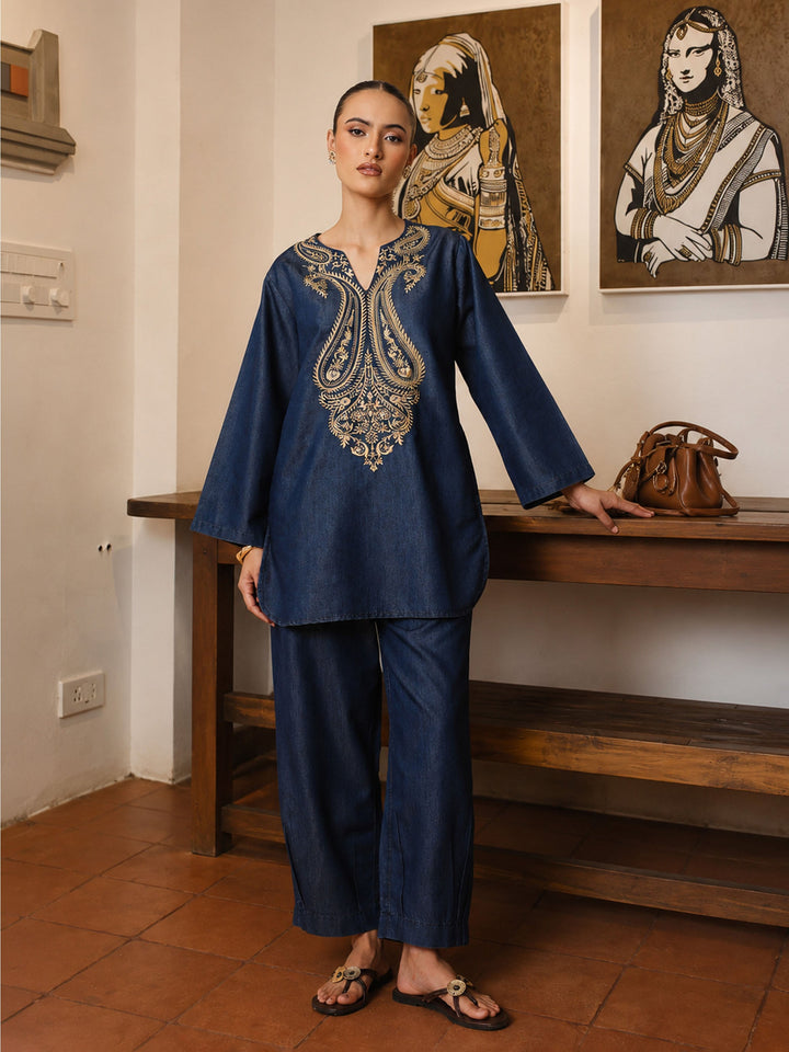 Navy Round Neck Embroidered Short Kurta With Straight Pants