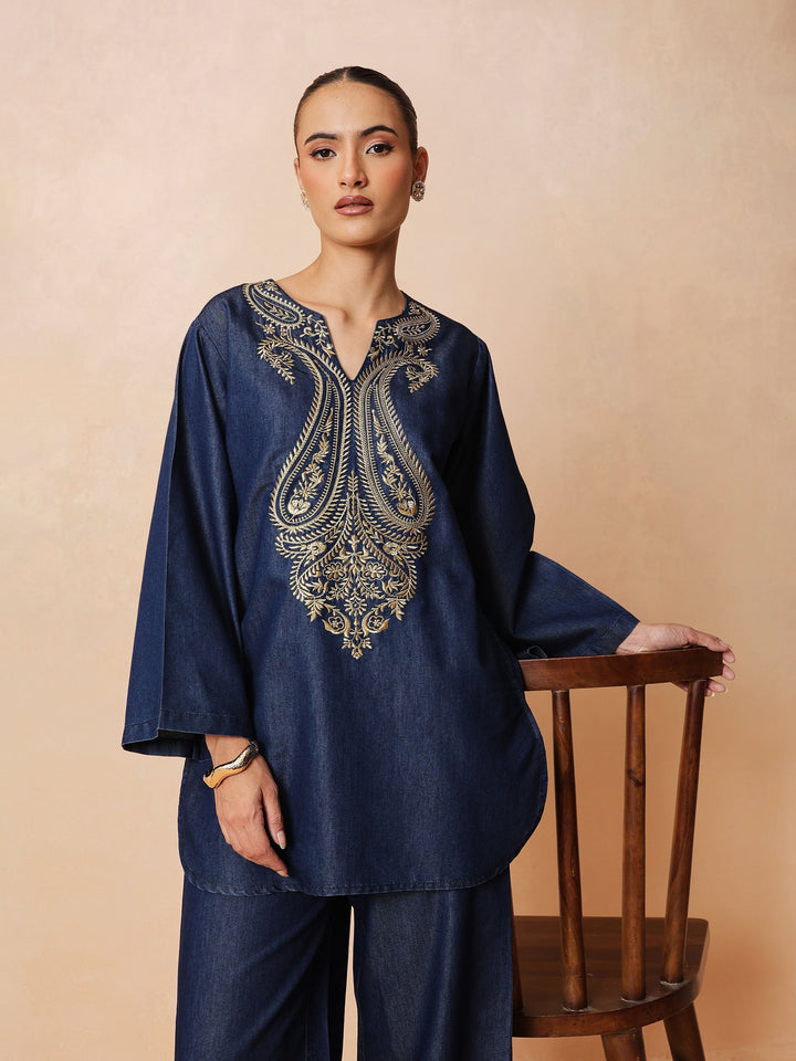 Navy Round Neck Embroidered Short Kurta With Straight Pants