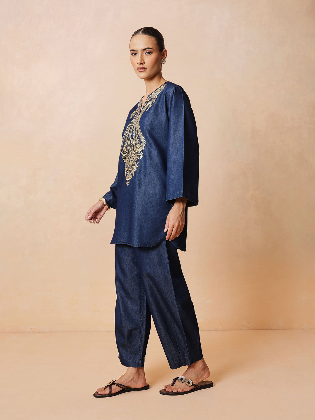 Navy Round Neck Embroidered Short Kurta With Straight Pants