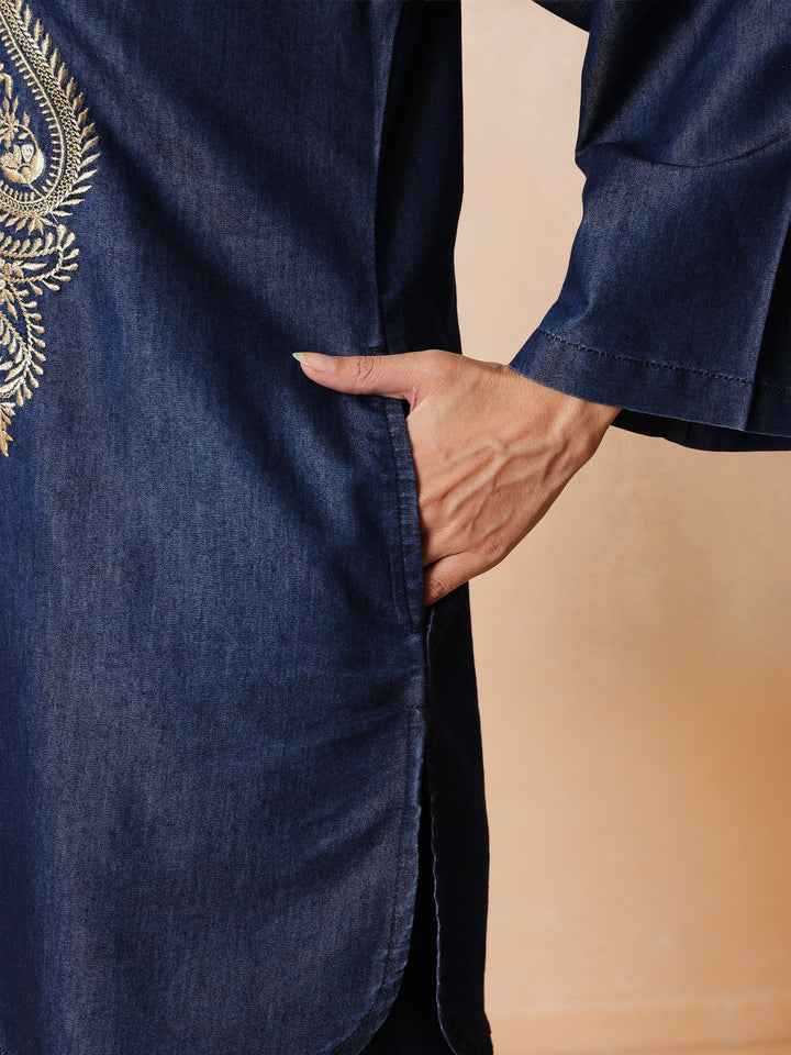 Navy Round Neck Embroidered Short Kurta With Straight Pants