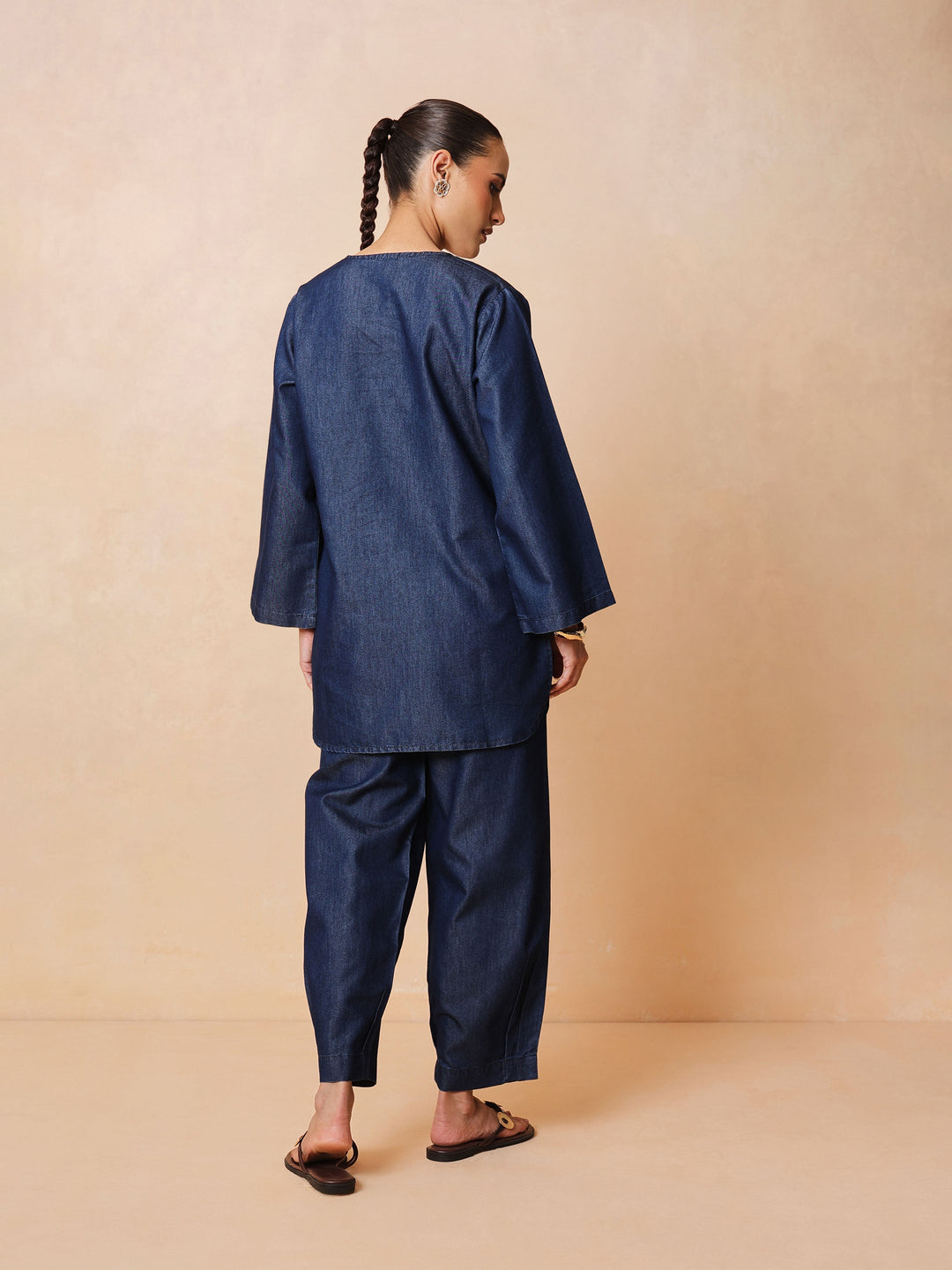Navy Round Neck Embroidered Short Kurta With Straight Pants