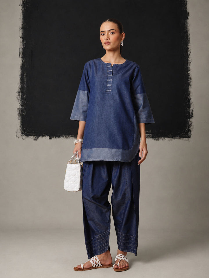 Navy Colour Block Short Kurta With Farshi Salwar