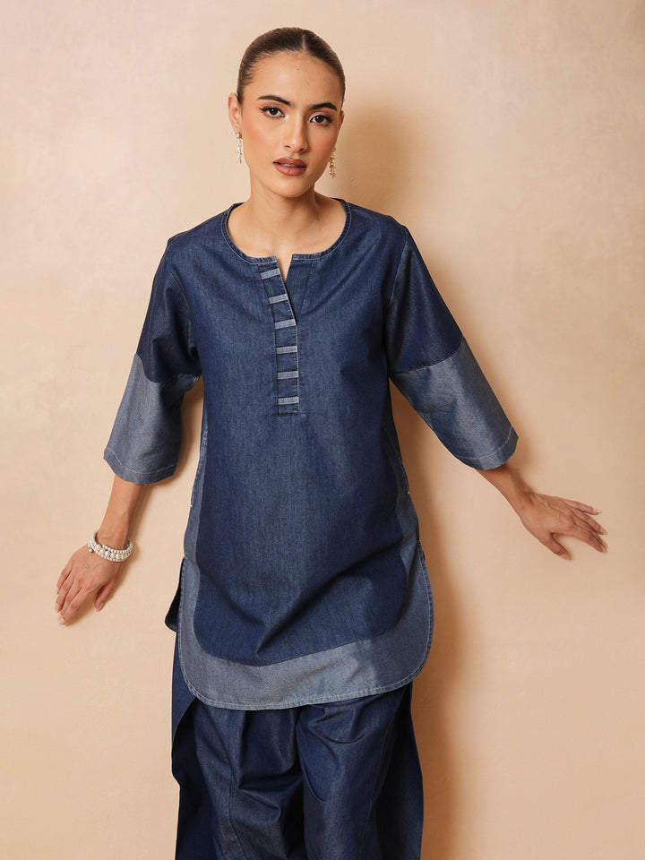 Navy Colour Block Short Kurta With Farshi Salwar