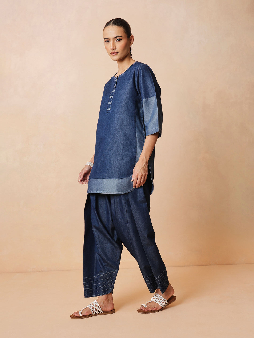 Navy Colour Block Short Kurta With Farshi Salwar