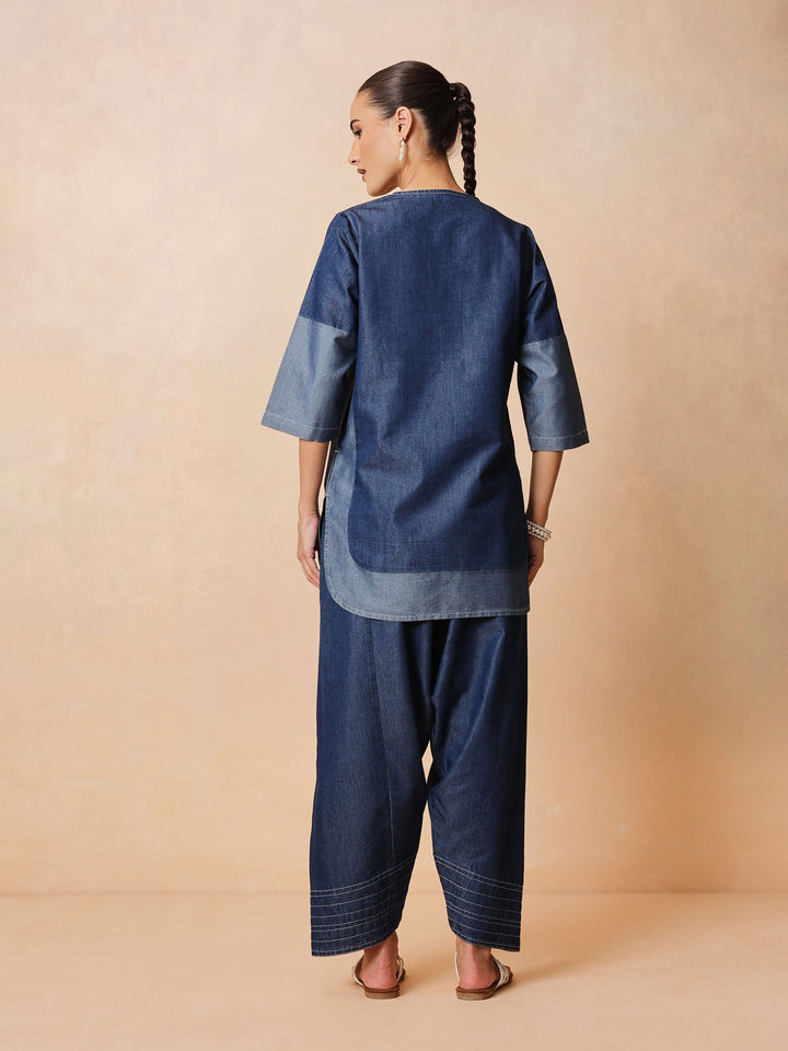 Navy Colour Block Short Kurta With Farshi Salwar