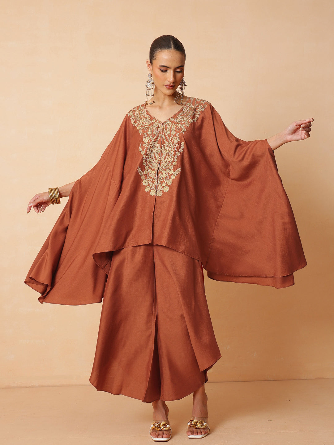 Women Rust Embroidered Kaftan With Flared Pants