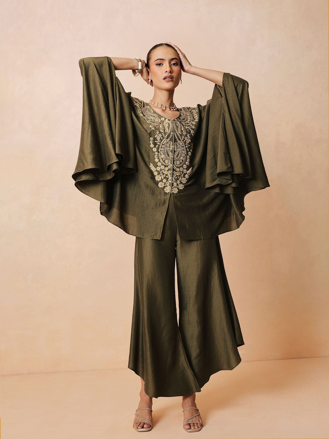 Women Olive Embroidered Kaftan With Flared Pants