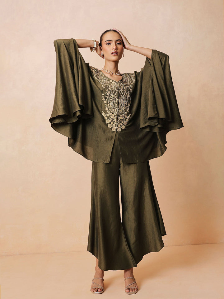 Women Olive Embroidered Kaftan With Flared Pants