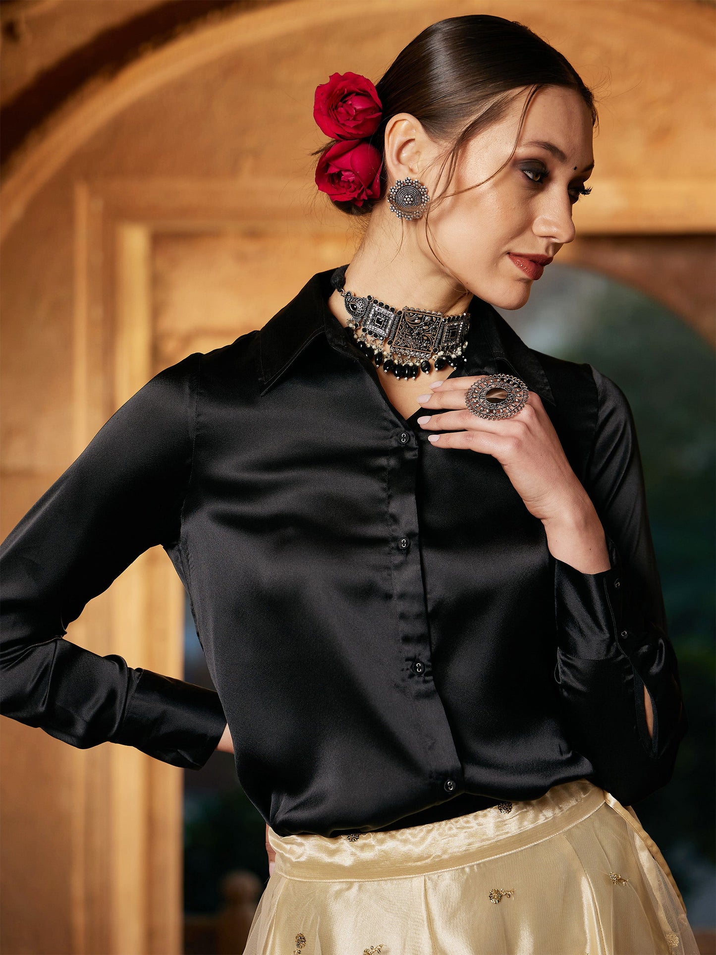 Women's Women Black Satin Regular Shirt in Satin by Shae for wholesale, bulk, supplier, manufacturer and wholesaler buyers from Trendphoria