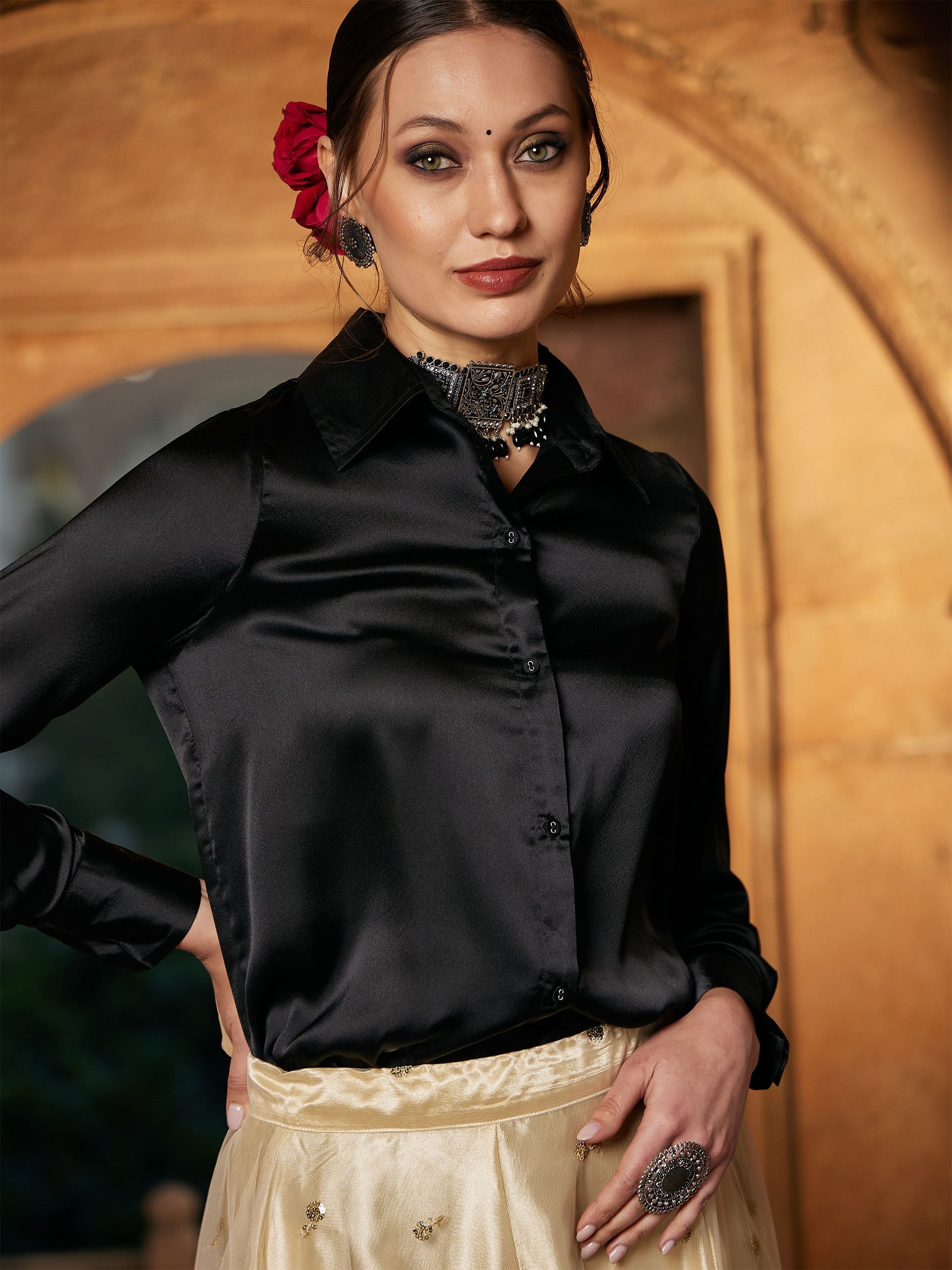 Black Satin Regular Shirt-Shae by SASSAFRAS