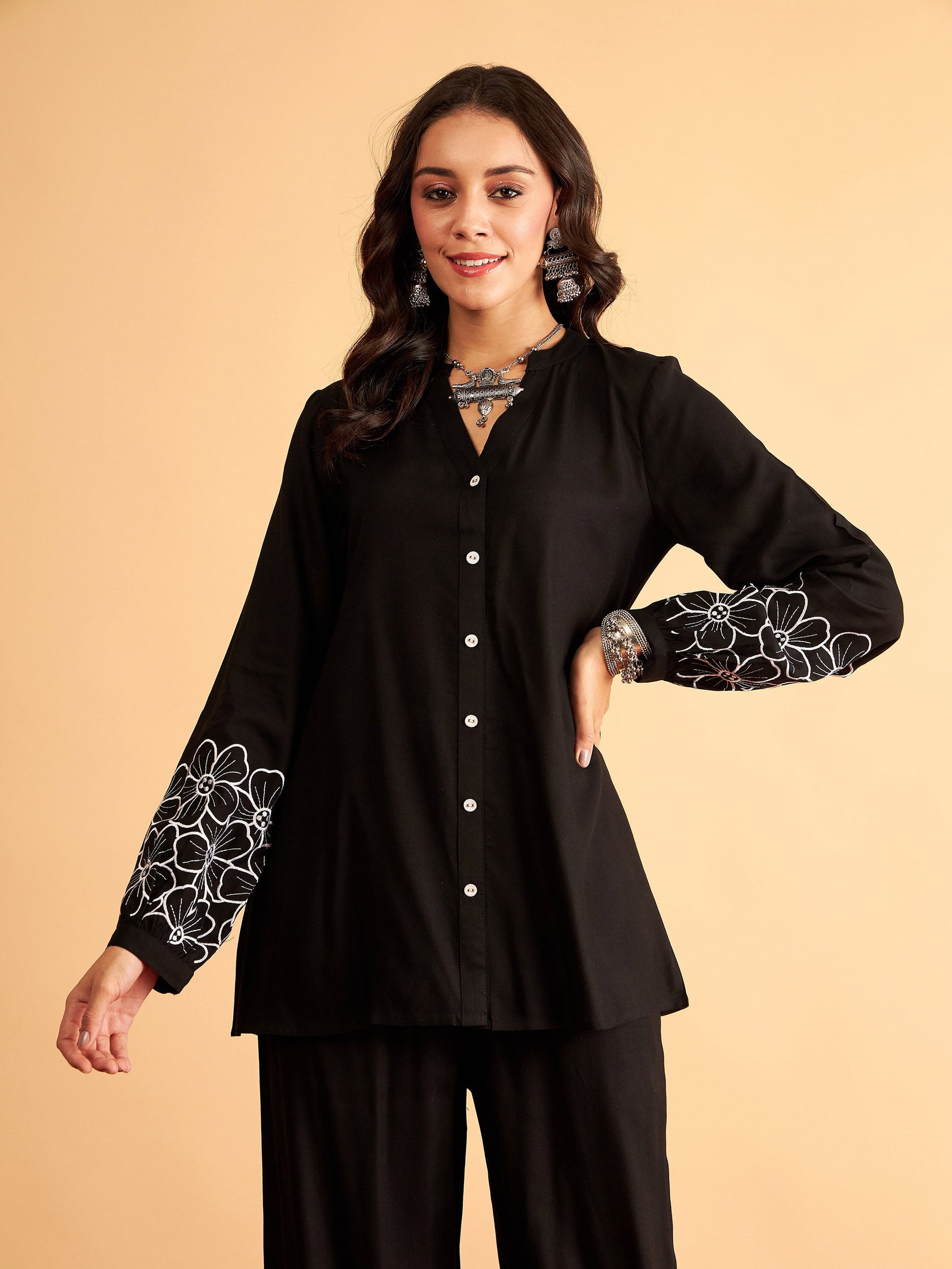 Black Rayon Full Sleeves Embroidered Shirt-Shae by SASSAFRAS
