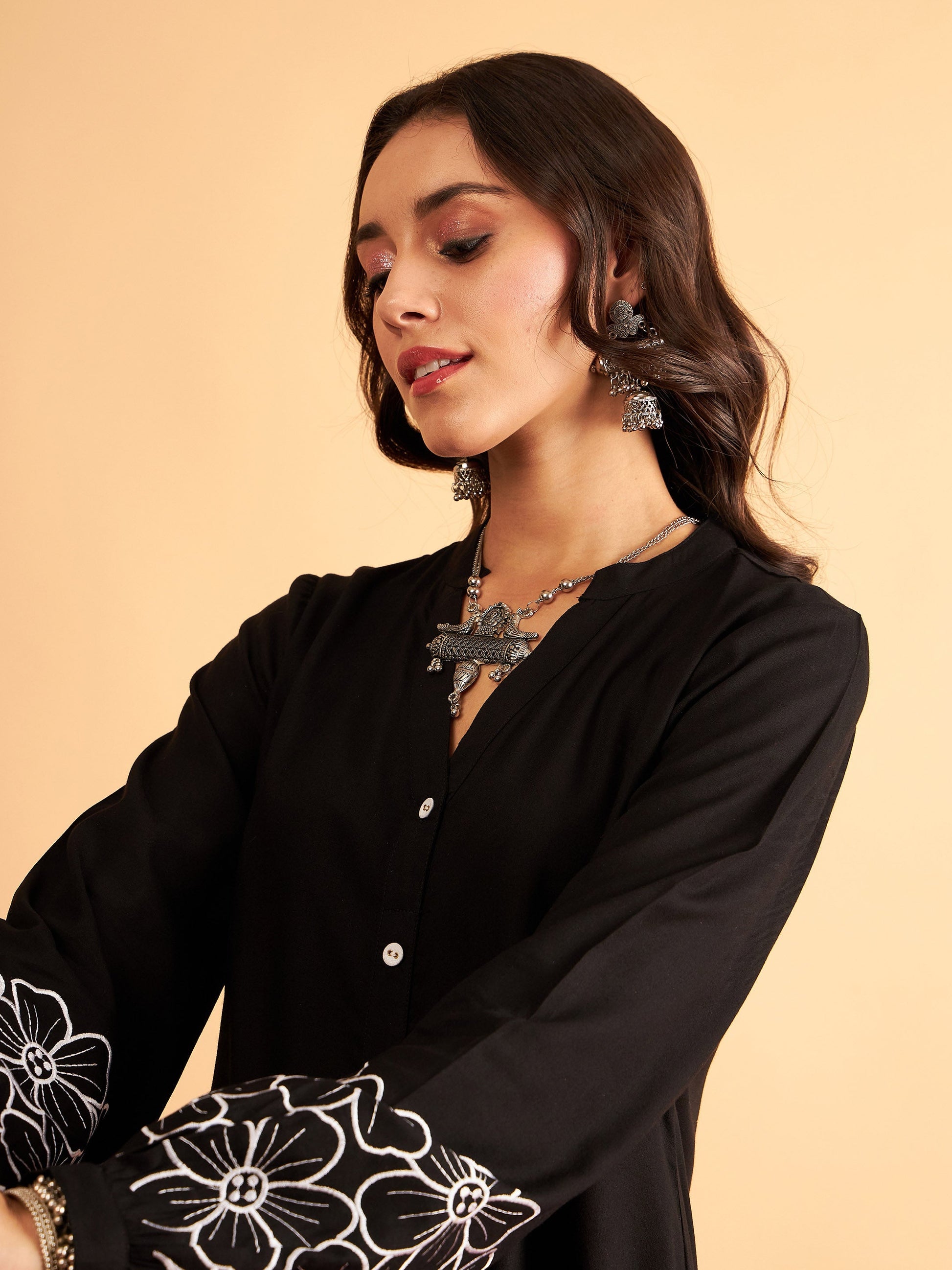 Black Rayon Full Sleeves Embroidered Shirt-Shae by SASSAFRAS