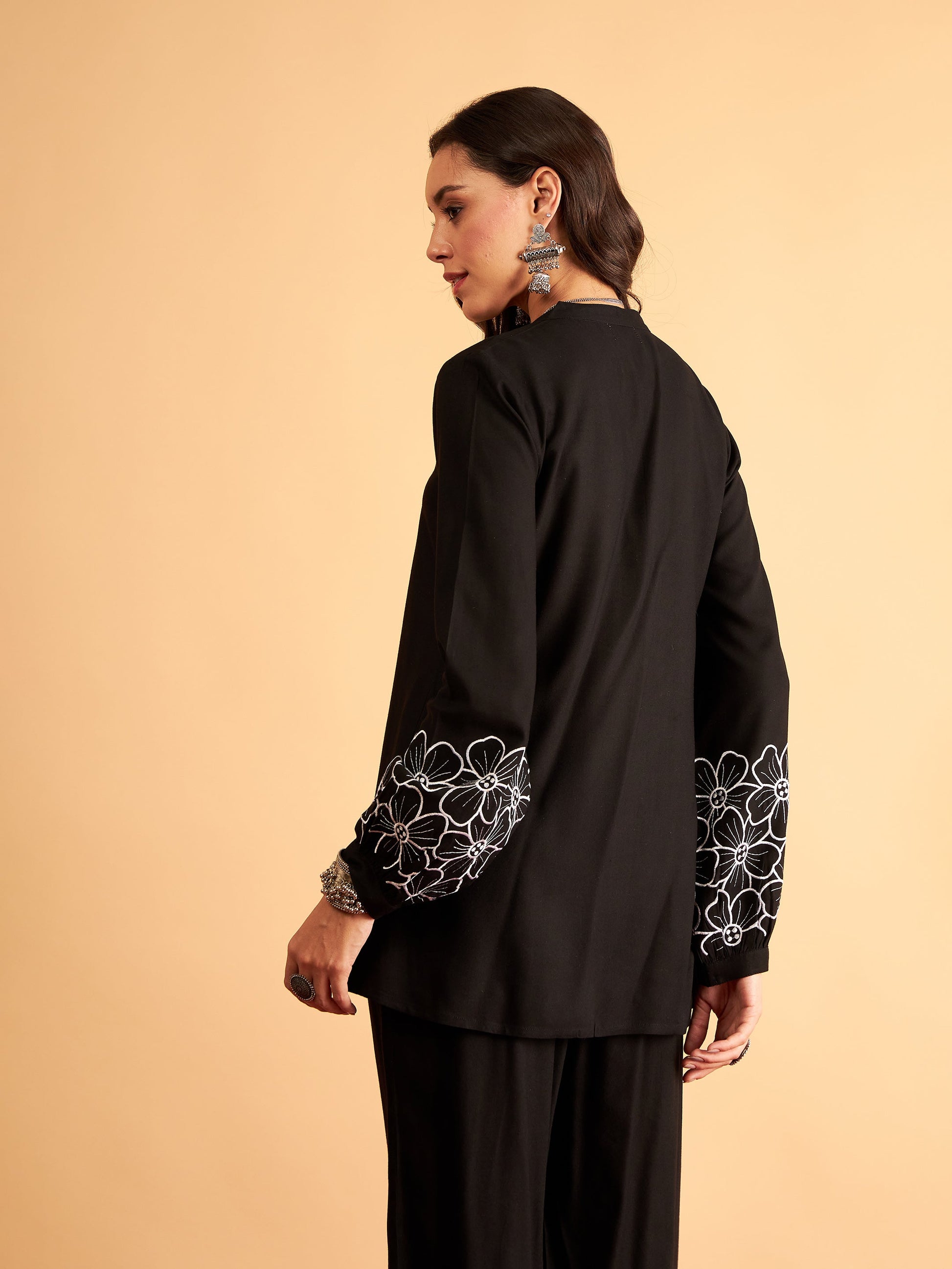 Black Rayon Full Sleeves Embroidered Shirt-Shae by SASSAFRAS