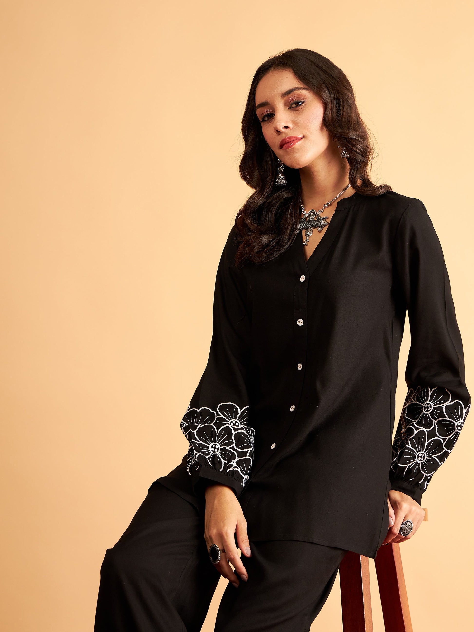 Black Rayon Full Sleeves Embroidered Shirt-Shae by SASSAFRAS