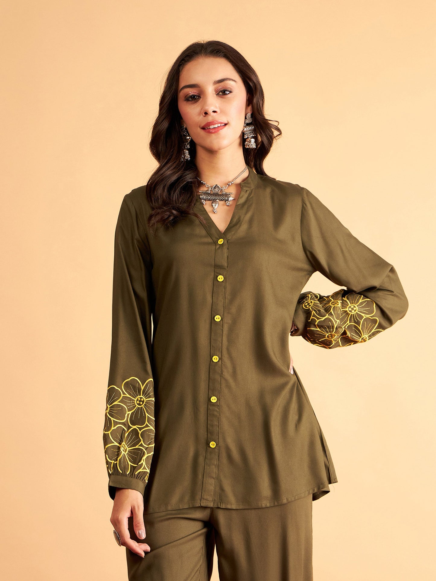 Olive Rayon Full Sleeves Embroidered Shirt-Shae by SASSAFRAS