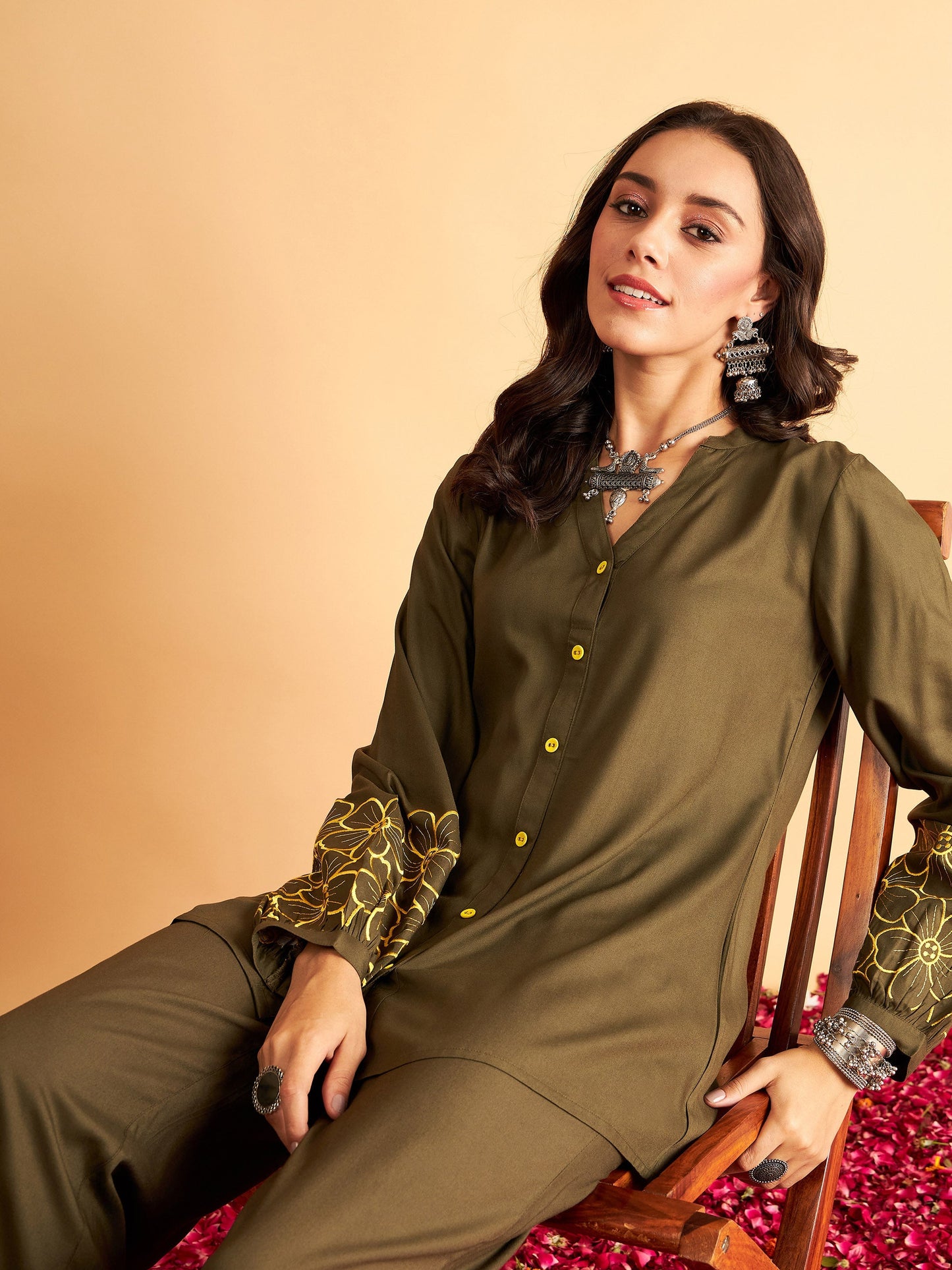 Olive Rayon Full Sleeves Embroidered Shirt-Shae by SASSAFRAS