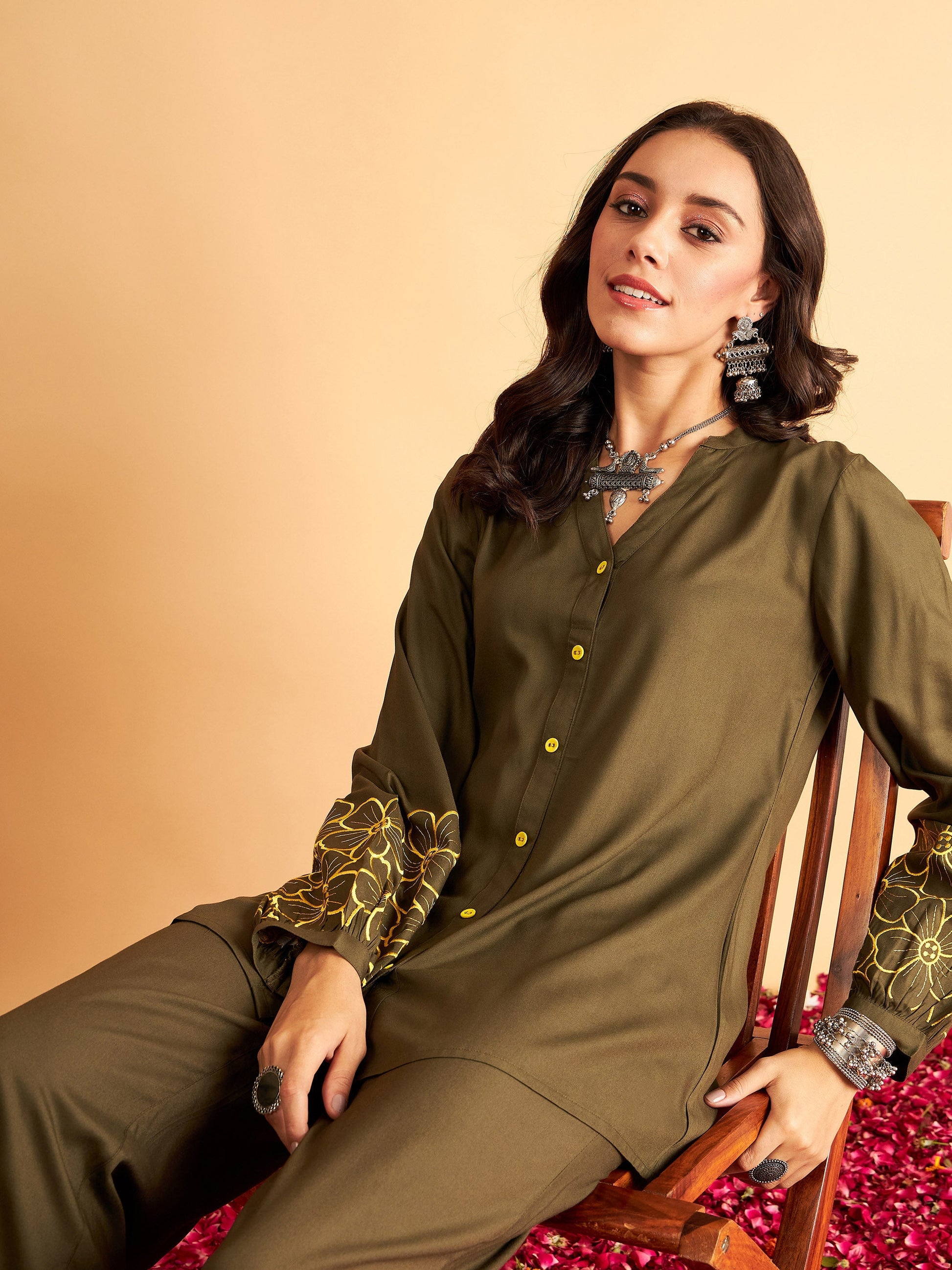 Olive Rayon Full Sleeves Embroidered Shirt-Shae by SASSAFRAS