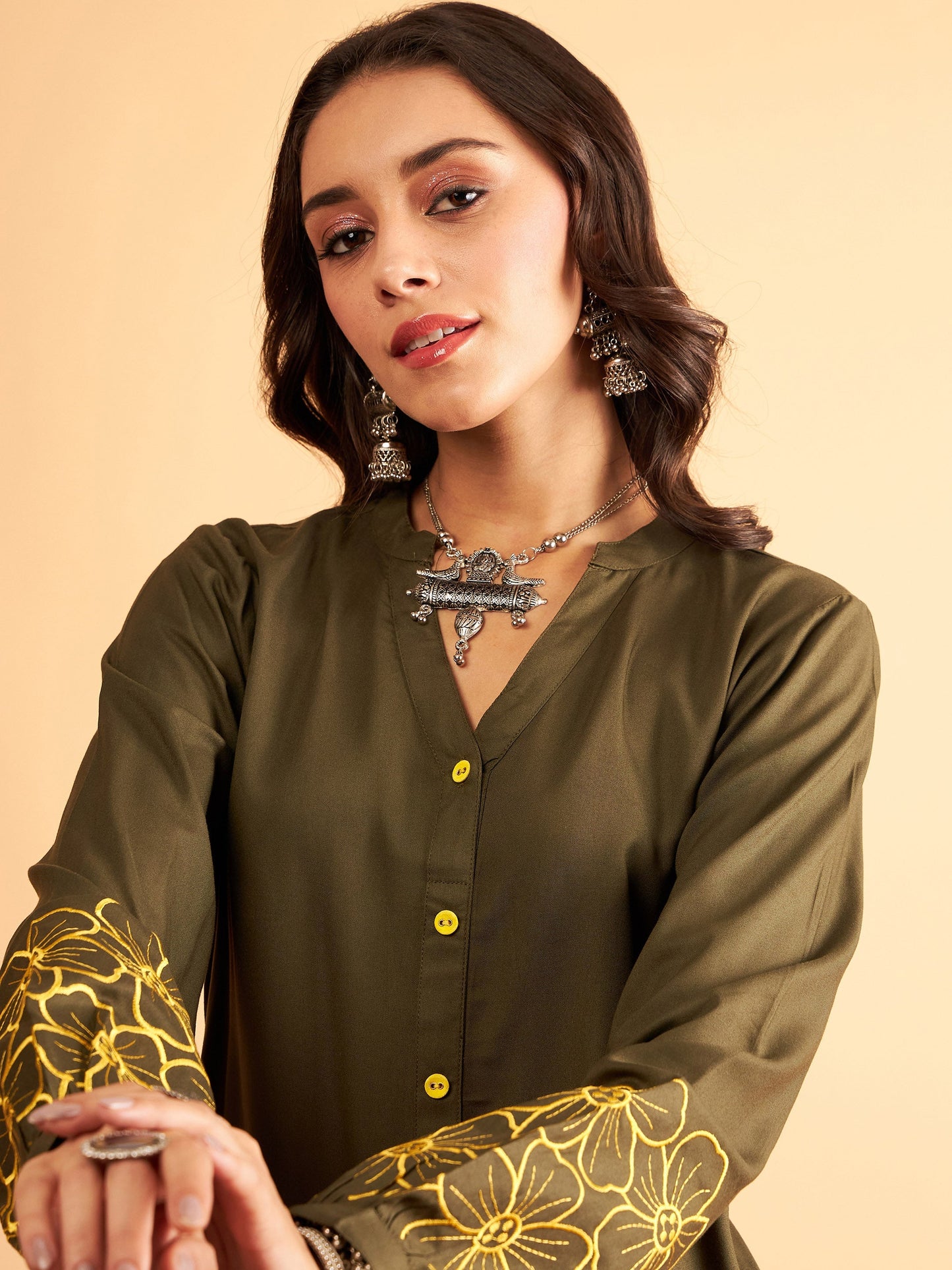 Olive Rayon Full Sleeves Embroidered Shirt-Shae by SASSAFRAS