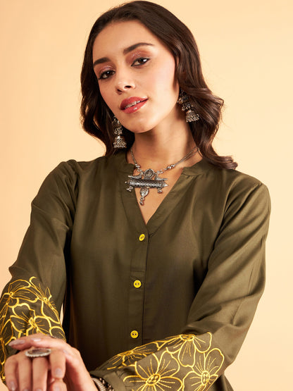 Olive Rayon Full Sleeves Embroidered Shirt-Shae by SASSAFRAS