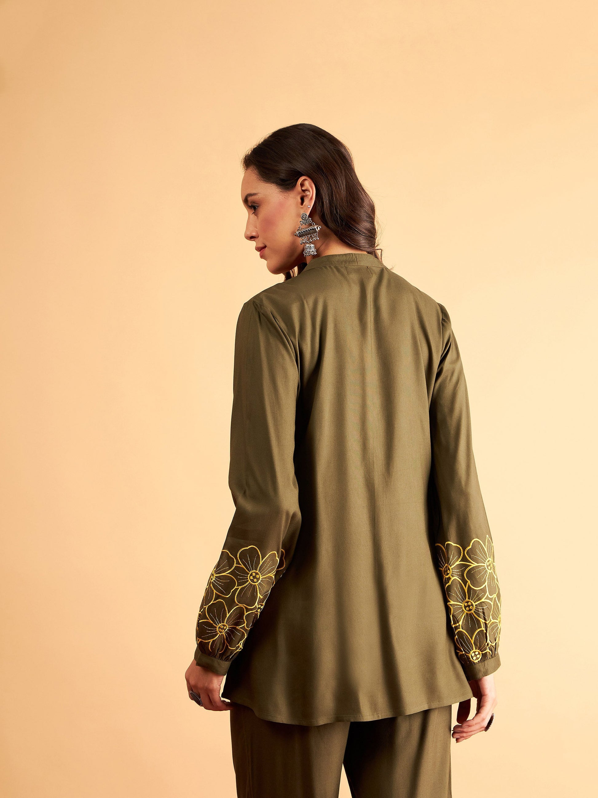 Olive Rayon Full Sleeves Embroidered Shirt-Shae by SASSAFRAS