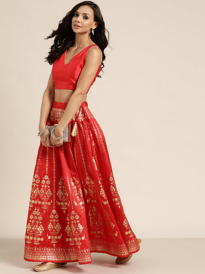 Red Foil Print Anarkali Skirt